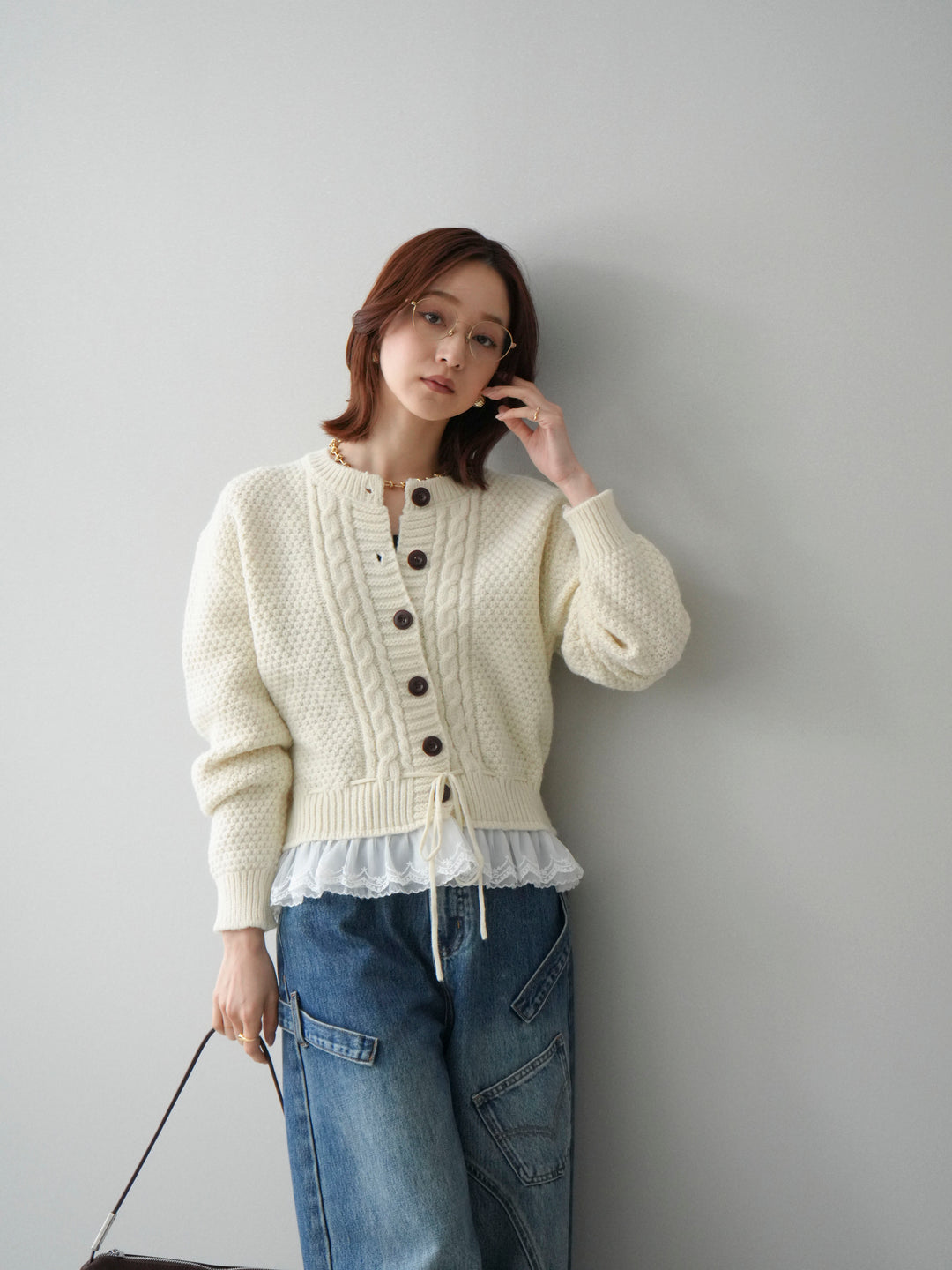 [SET]裾レースケーブルニットカーディガン+ペインターカーブデニムパンツ(2set)