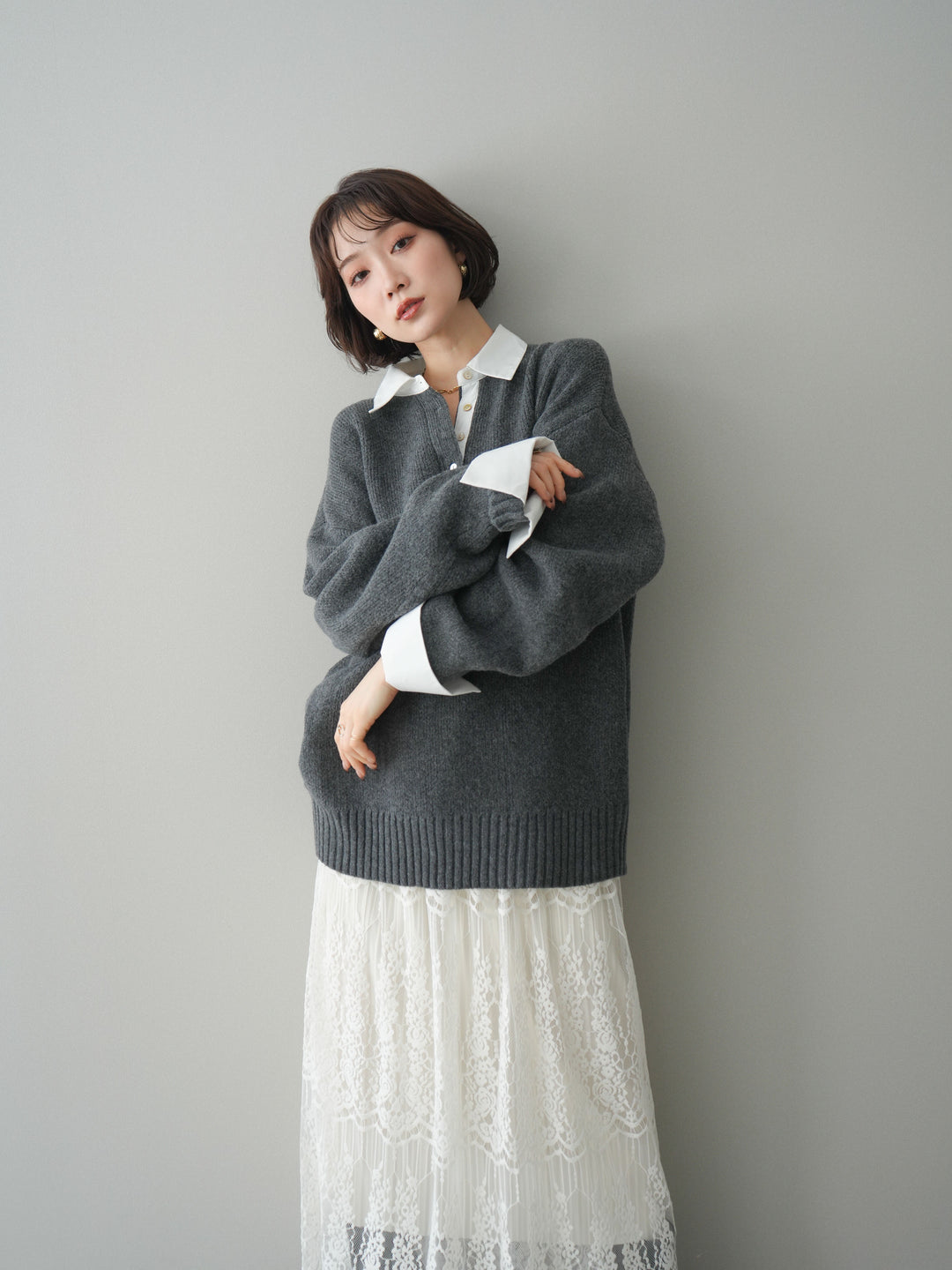 [予約]シャツドッキングオーバーニットプルオーバー/charcoaloff