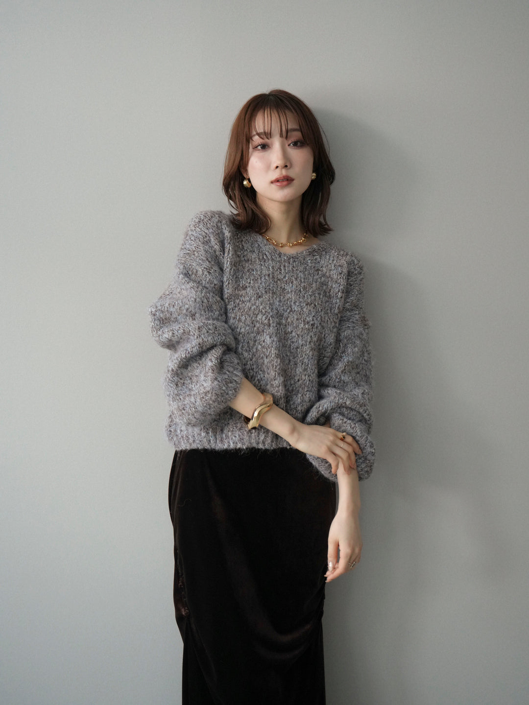 [SET]Vネックミックスヤーンニットプルオーバー+選べるアクセセット(2set)