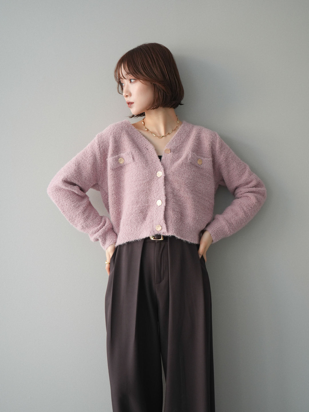 [SET]ゴールドボタンモールニットカーディガン+ベルトループデザインワイドパンツ(2set)