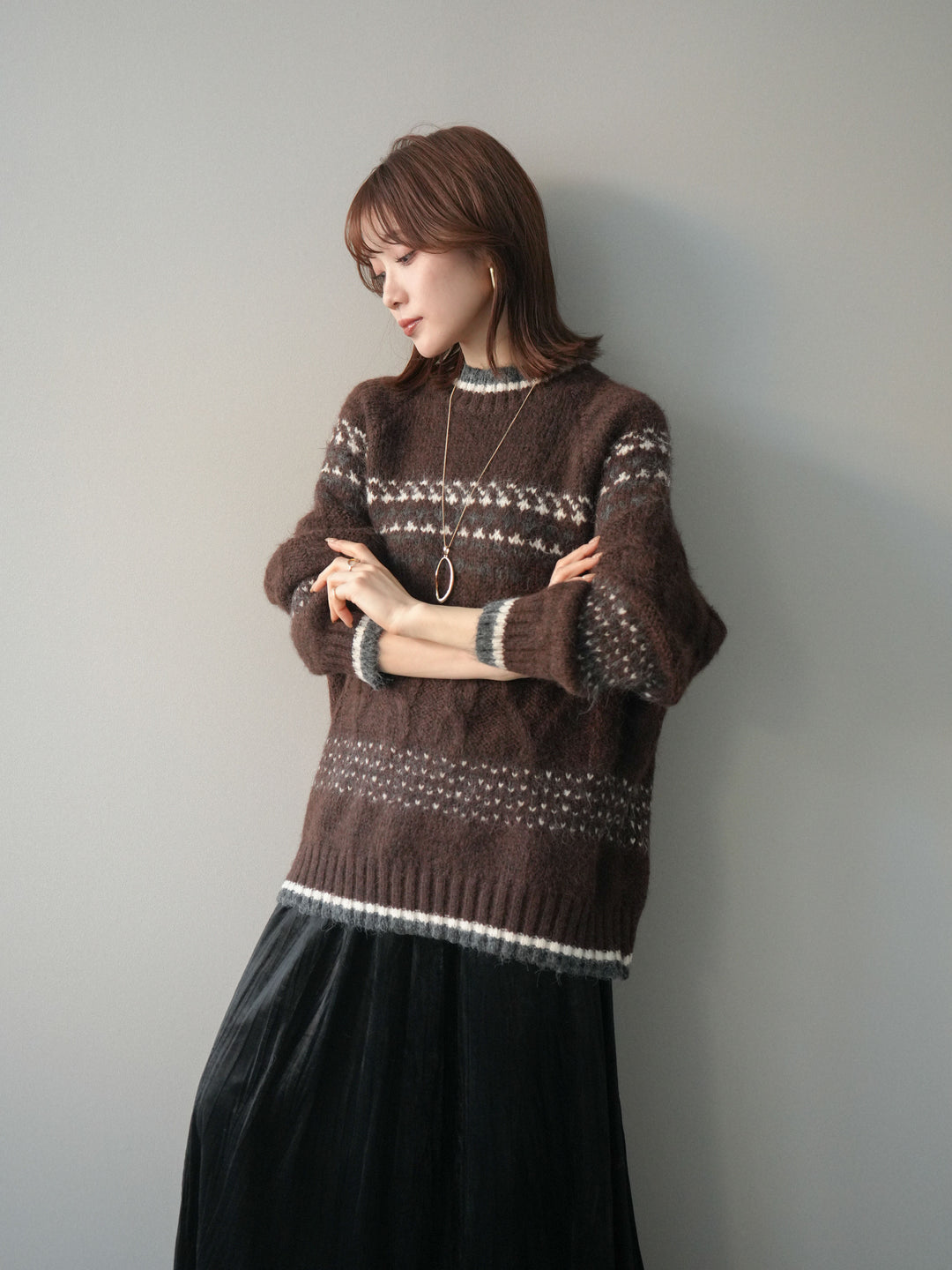 [予約]裾配色ノルディック柄ニットプルオーバー/brown