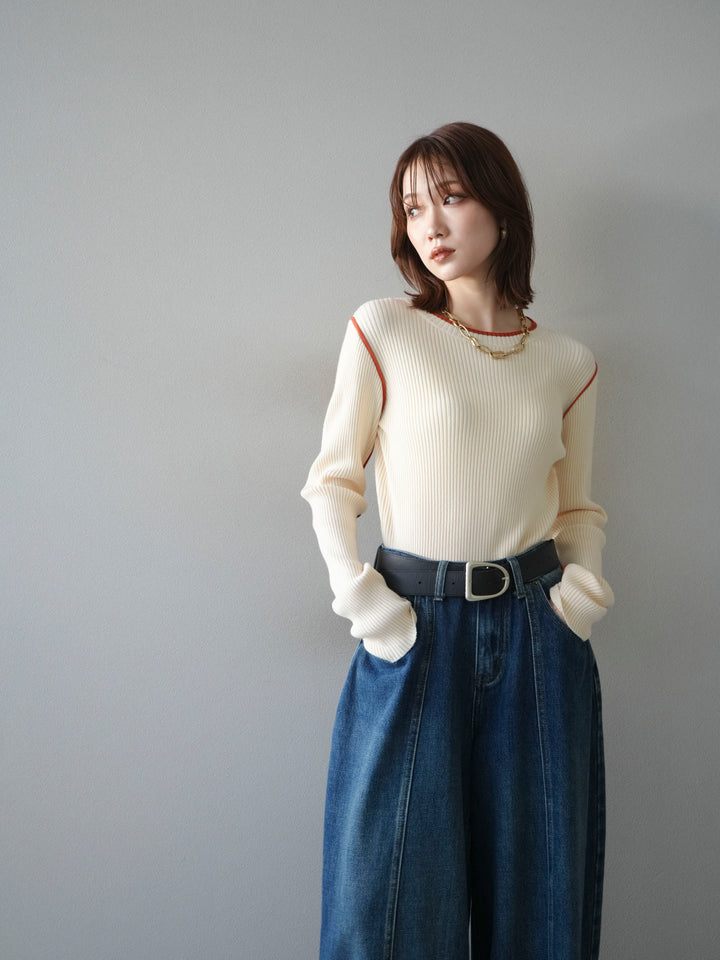 [SET]バイカラークルーネックリブニットトップス+選べるアクセセット(2set)
