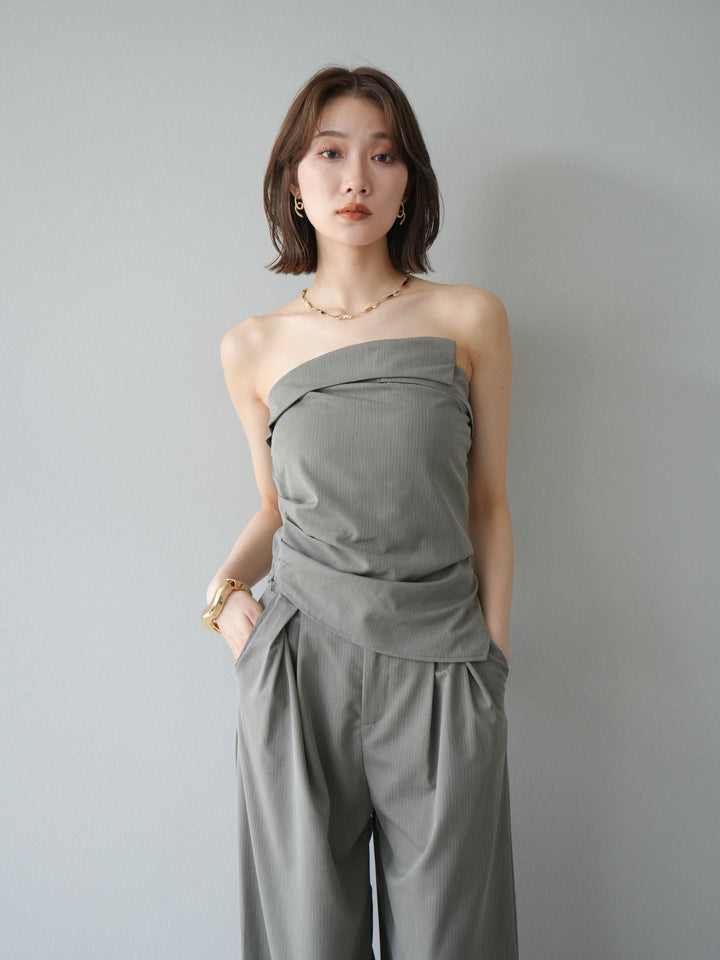 [SET] 條紋褶襉露肩上衣＆寬褲 SET UP (2set)