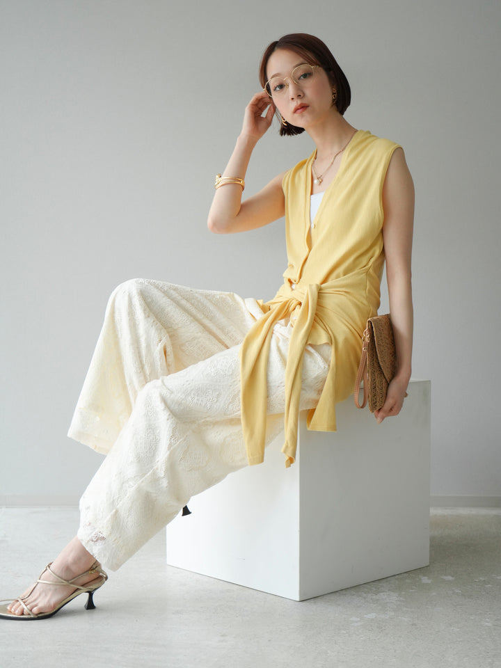 【預購】無袖圍腰針織開襟衫/黃色