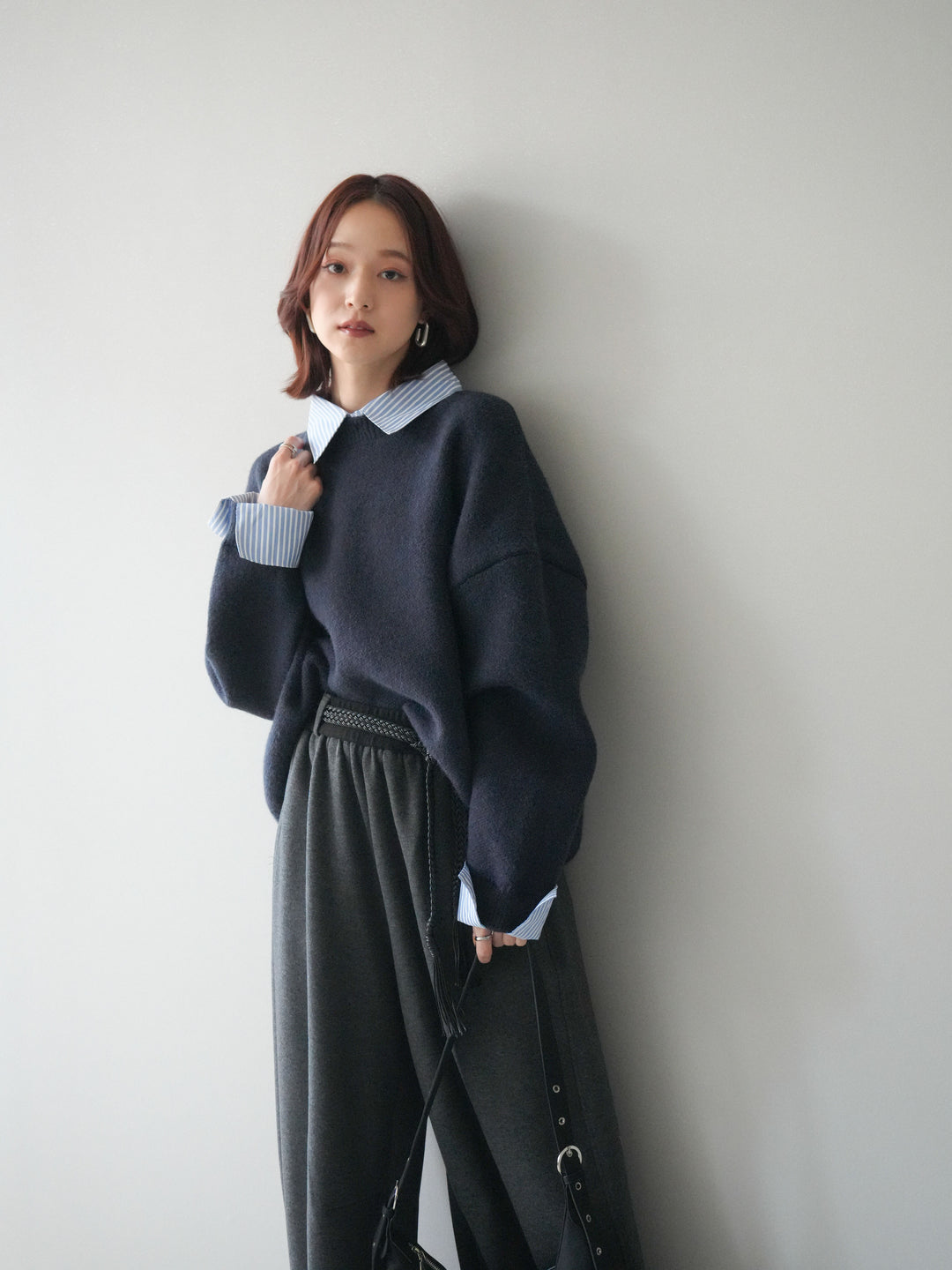 [SET]2WAYストライプ襟ニットプルオーバー+編み込みベルト付きウエスト配色スエットパンツ(2set)