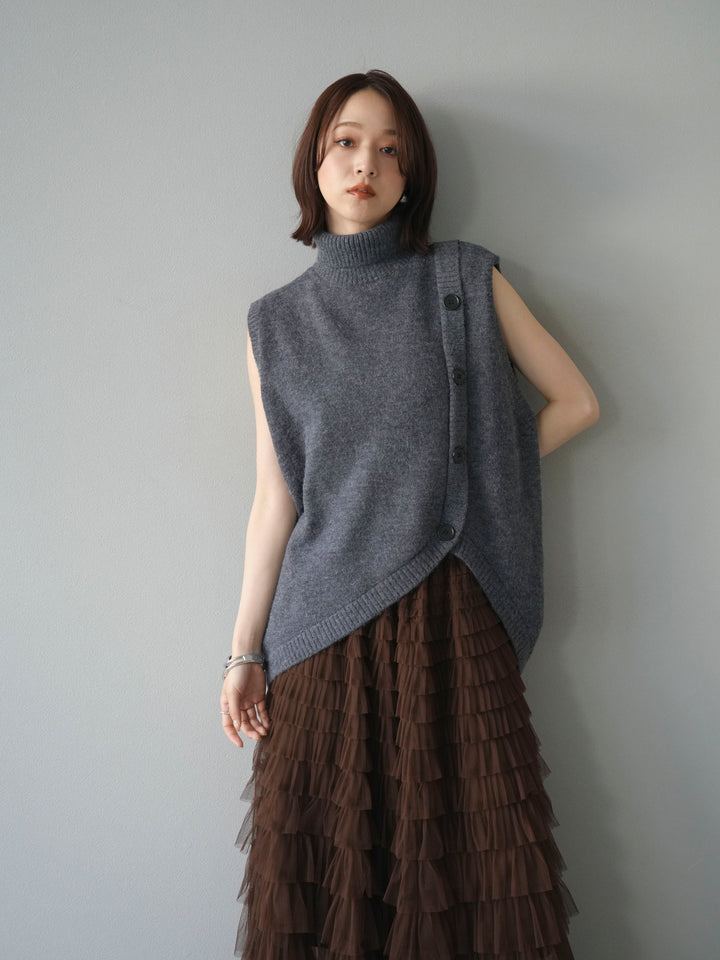 [予約]デザインボタンハイネックニットベスト/ gray