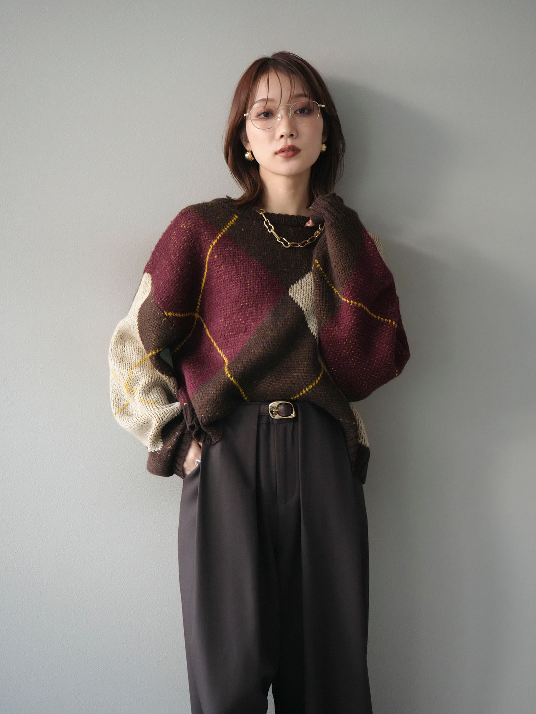 [予約]配色ステッチアーガイル柄ニットプルオーバー/brown