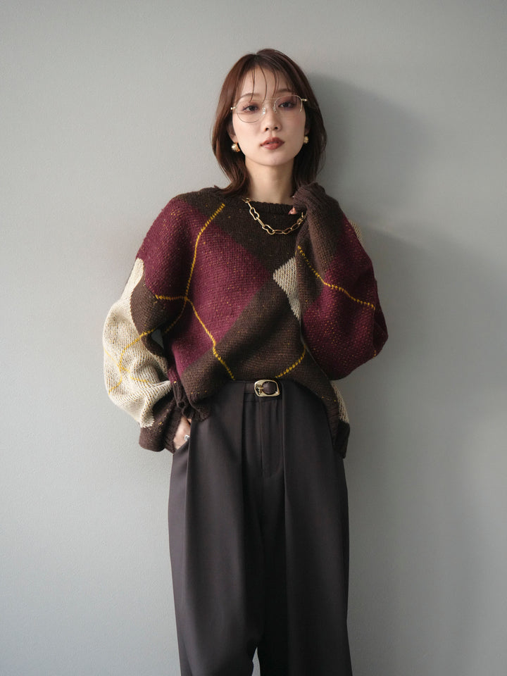 [予約]配色ステッチアーガイル柄ニットプルオーバー/brown