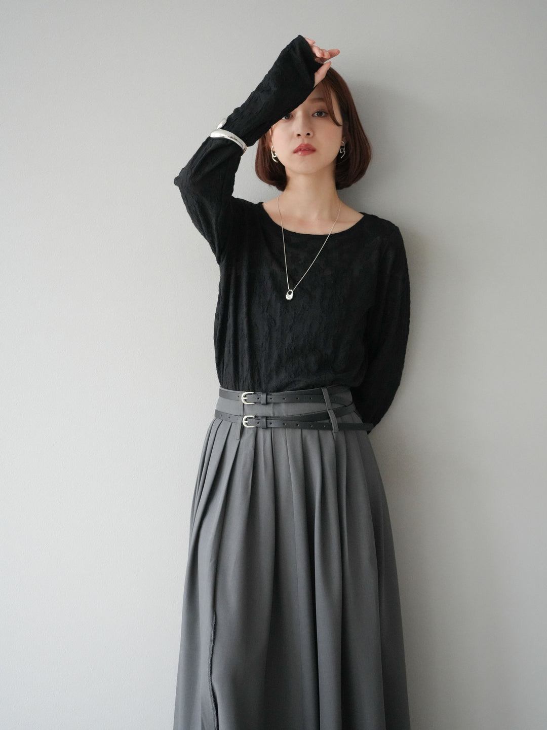 [SET]シアージャガードトップス+エステルプリーツスリットスカート(2set)