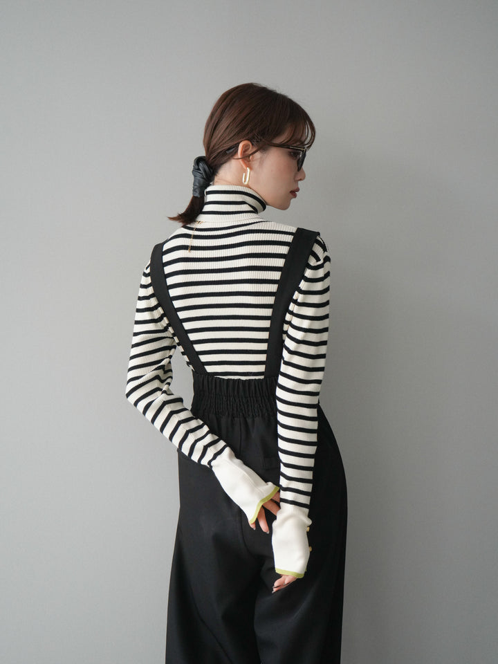 [SET]袖配色ハイネックボーダーリブニットトップス+袖配色ハイネックボーダーリブニットトップス(2set)