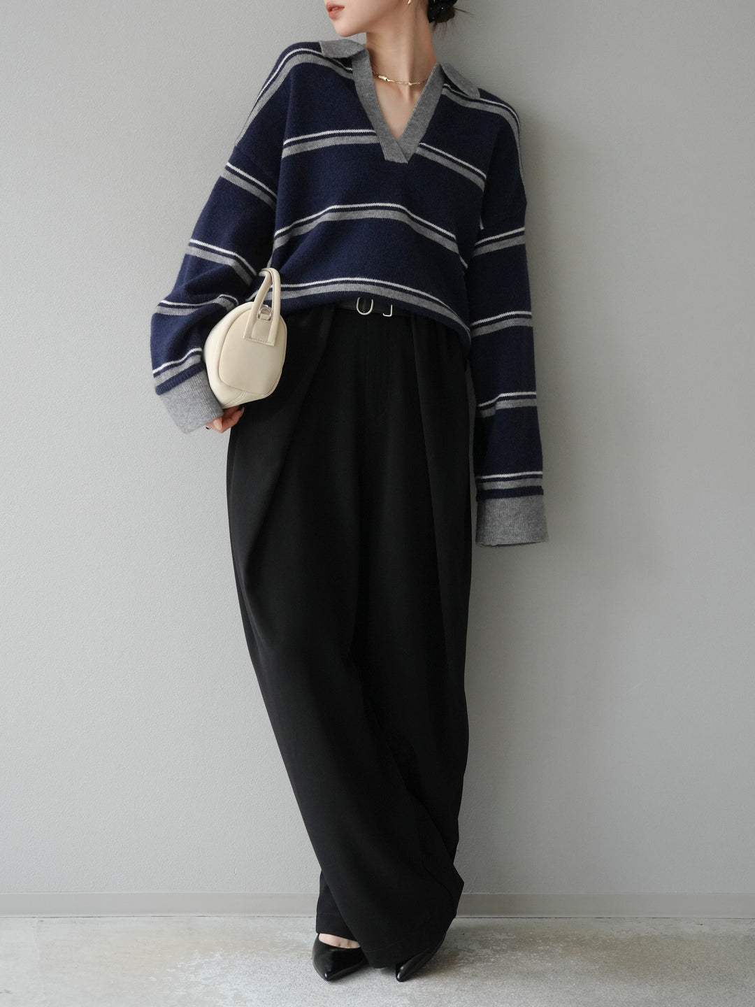 [予約]ポロ襟スキッパーボーダーニットプルオーバー/ネイビー