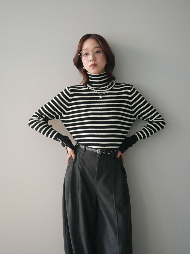 [SET]袖配色ハイネックボーダーリブニットトップス+ベルト付き裏起毛ワイドパンツ(2set)