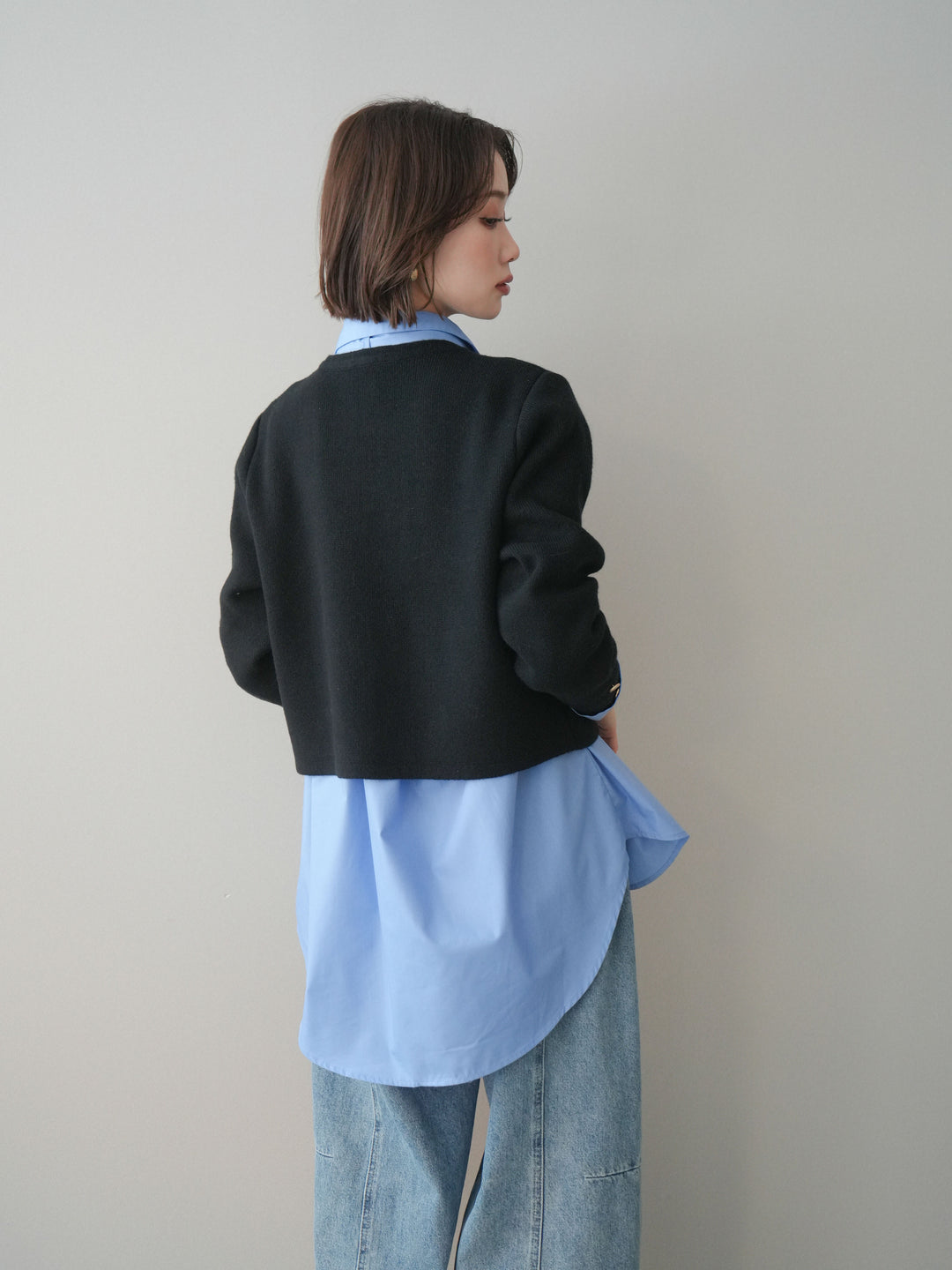 [予約]ゴールドボタンノーカラーニットジャケット/black