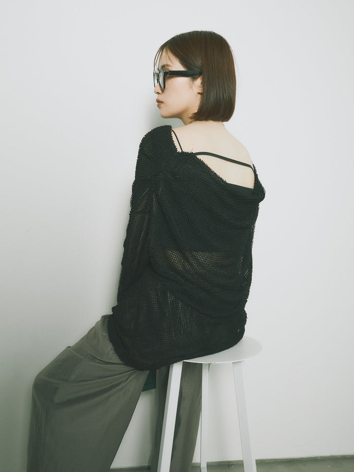 [SET] 後背垂墜網眼套頭衫 + 透明萊賽爾三折寬褲 (2 套)