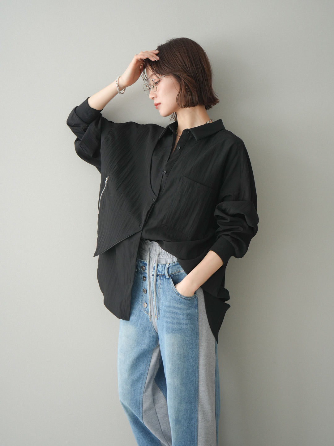 [予約]リブカフスアシンメトリーZIPデザインオーバーシャツ/black