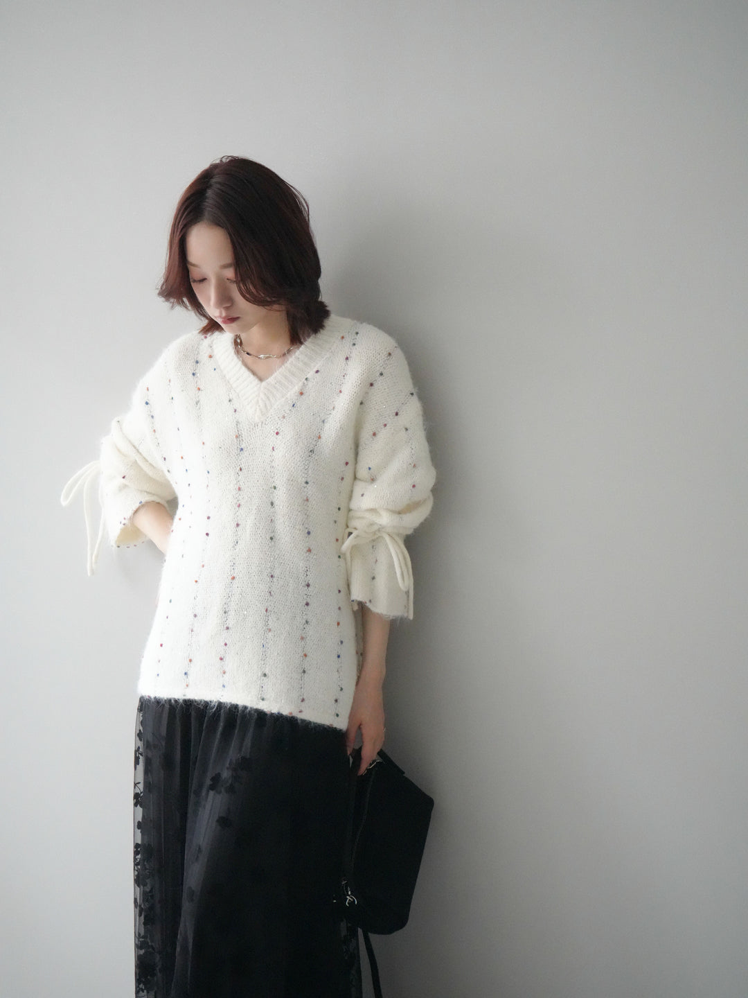 [SET]キャンディースリーブカラーネップスパンコールニットプルオーバー+フラワーフロッキーチュールプリーツスカート(2set)