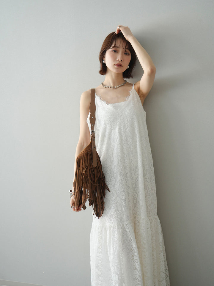 [予約]ギャザー切替レースキャミワンピース/white