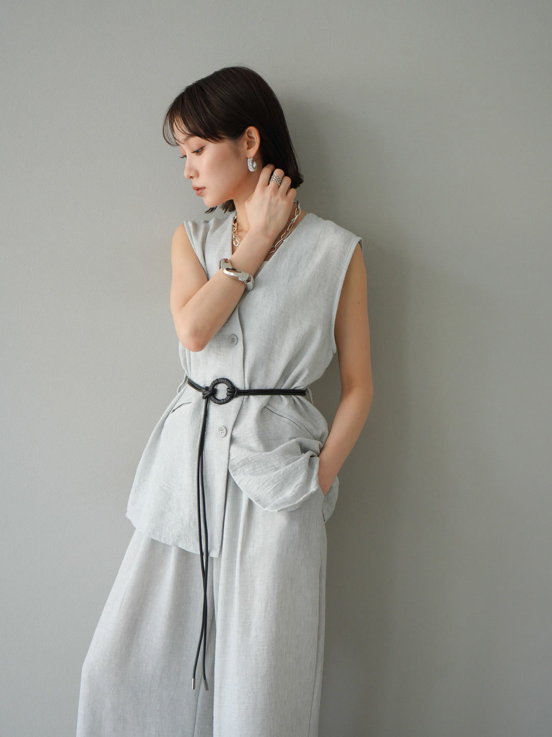 [SET]ベルト付リネンタッチベスト＆ワイドパンツSET UP(2set)