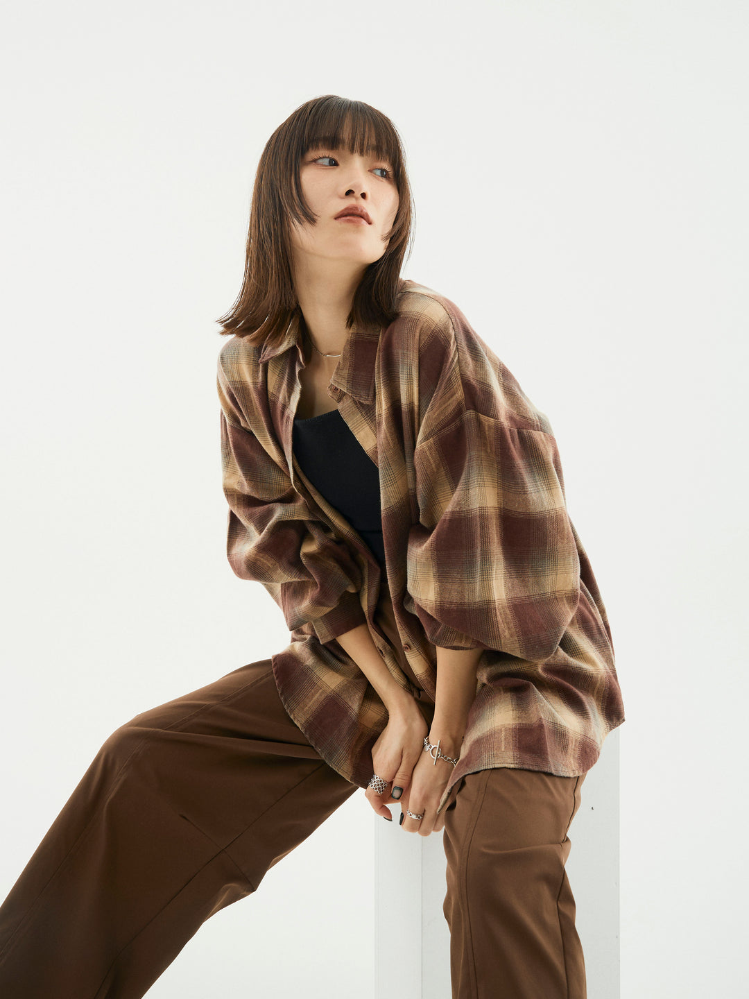 【Allure】[SET]オンブレチェックオーバーシャツ+タフタワイドカーブパンツ(2set)