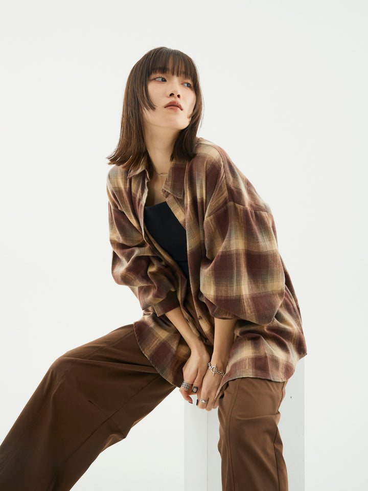 【Allure】[SET]オンブレチェックオーバーシャツ+タフタワイドカーブパンツ(2set)