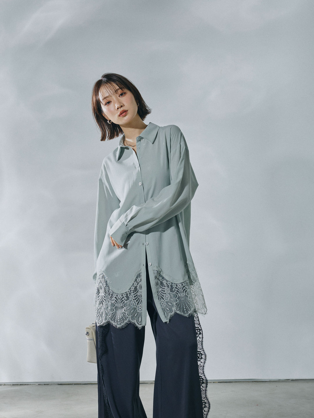 [予約]裾レースポプリンシャツ/mint