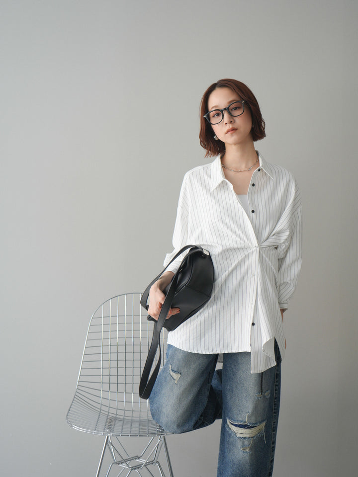 【套裝】雙向裹身條紋襯衫+破洞牛仔半闊腿褲（兩件套）