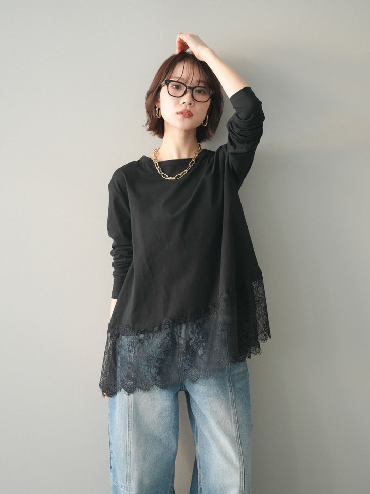 [SET]裾レースロングスリーブTシャツ+選べるアクセセット(2set)
