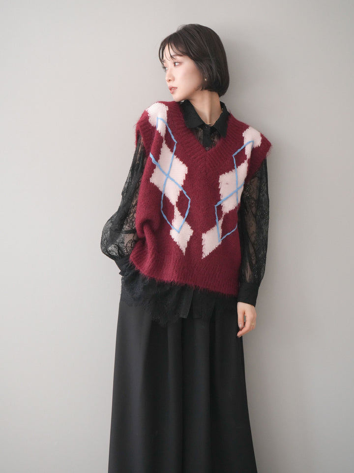 [SET]アーガイルVネックニットベスト+選べるアクセセット(2set)