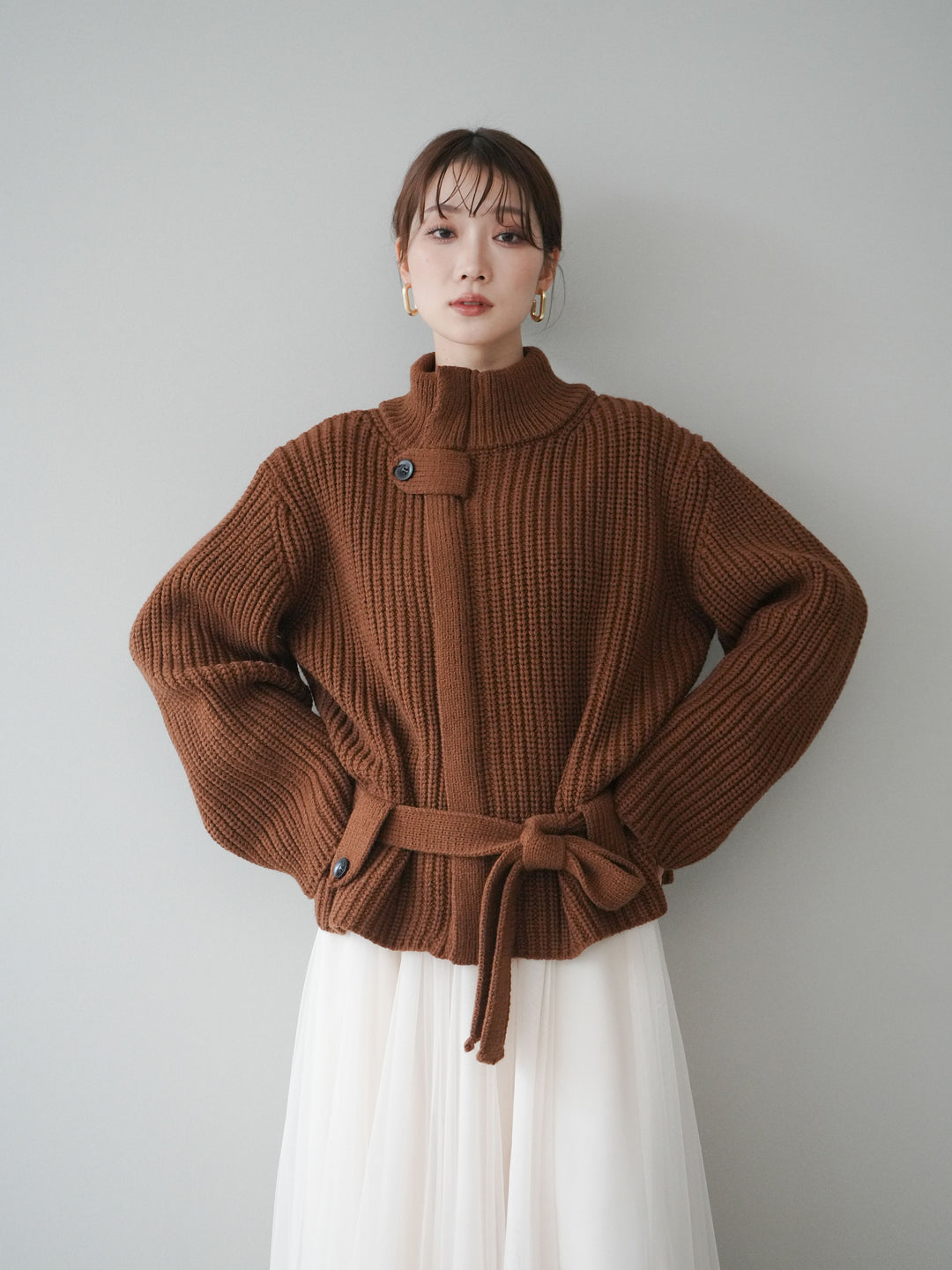 [SET]畦編みボトルネックZIPニットカーディガン+選べるアクセセット(2set)