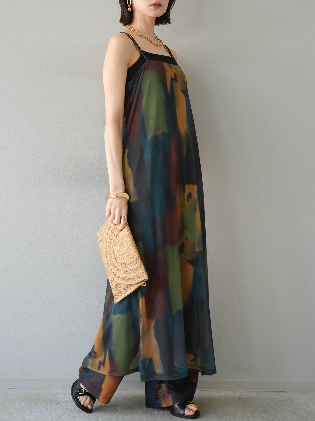 [予約]水彩アートシアーキャミワンピース/チャコール