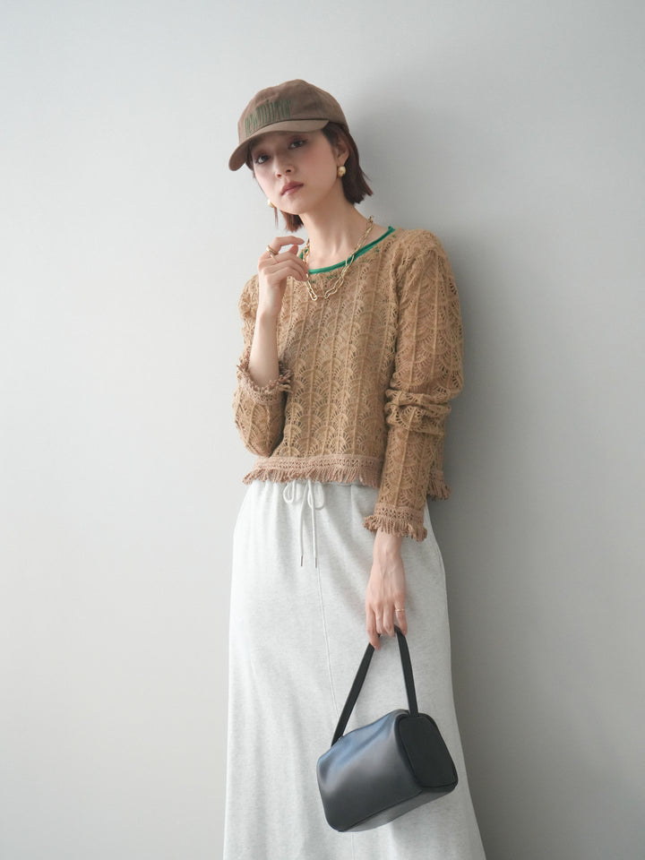 [予約]扇透かし編みクロップドニットプルオーバー/beige