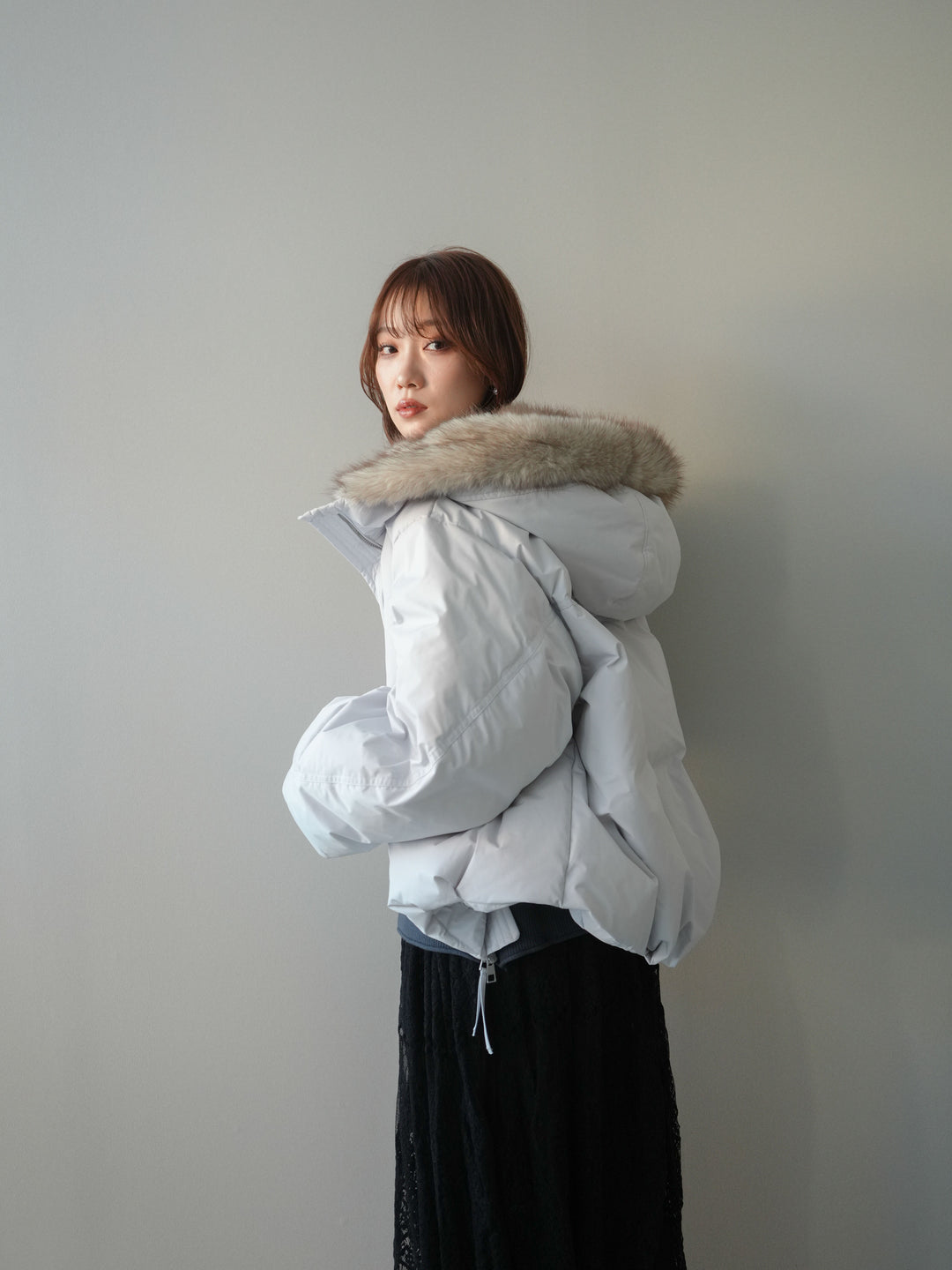 [予約]フードファーショートダウンコート/lightgray