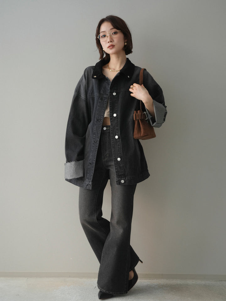 [SET]コーデュロイ×デニムミドルジャケット+フレアデニムパンツ(2set)