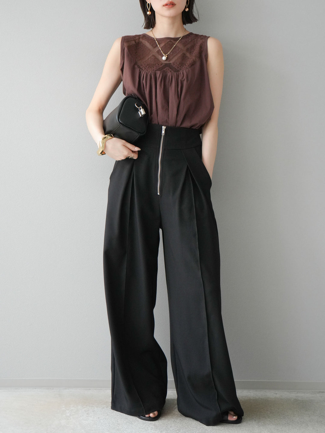 [予約]インド製コットンレース切替ノースリブラウス/ブラウン