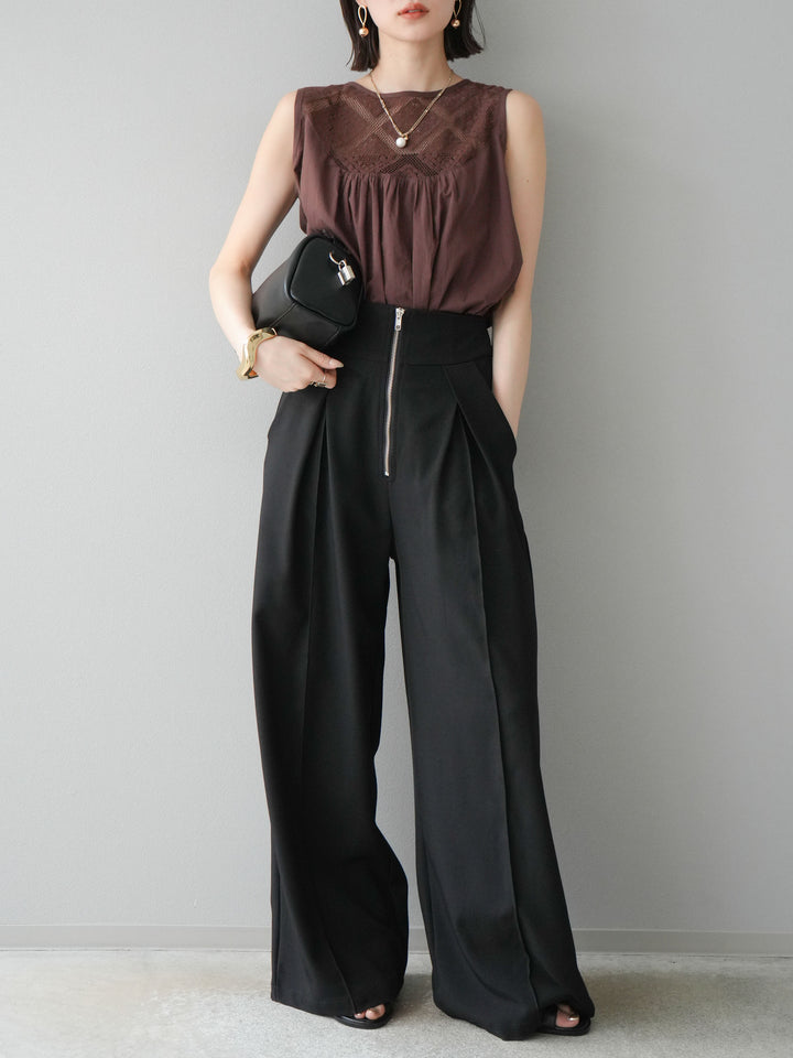 [予約]インド製コットンレース切替ノースリブラウス/ブラウン