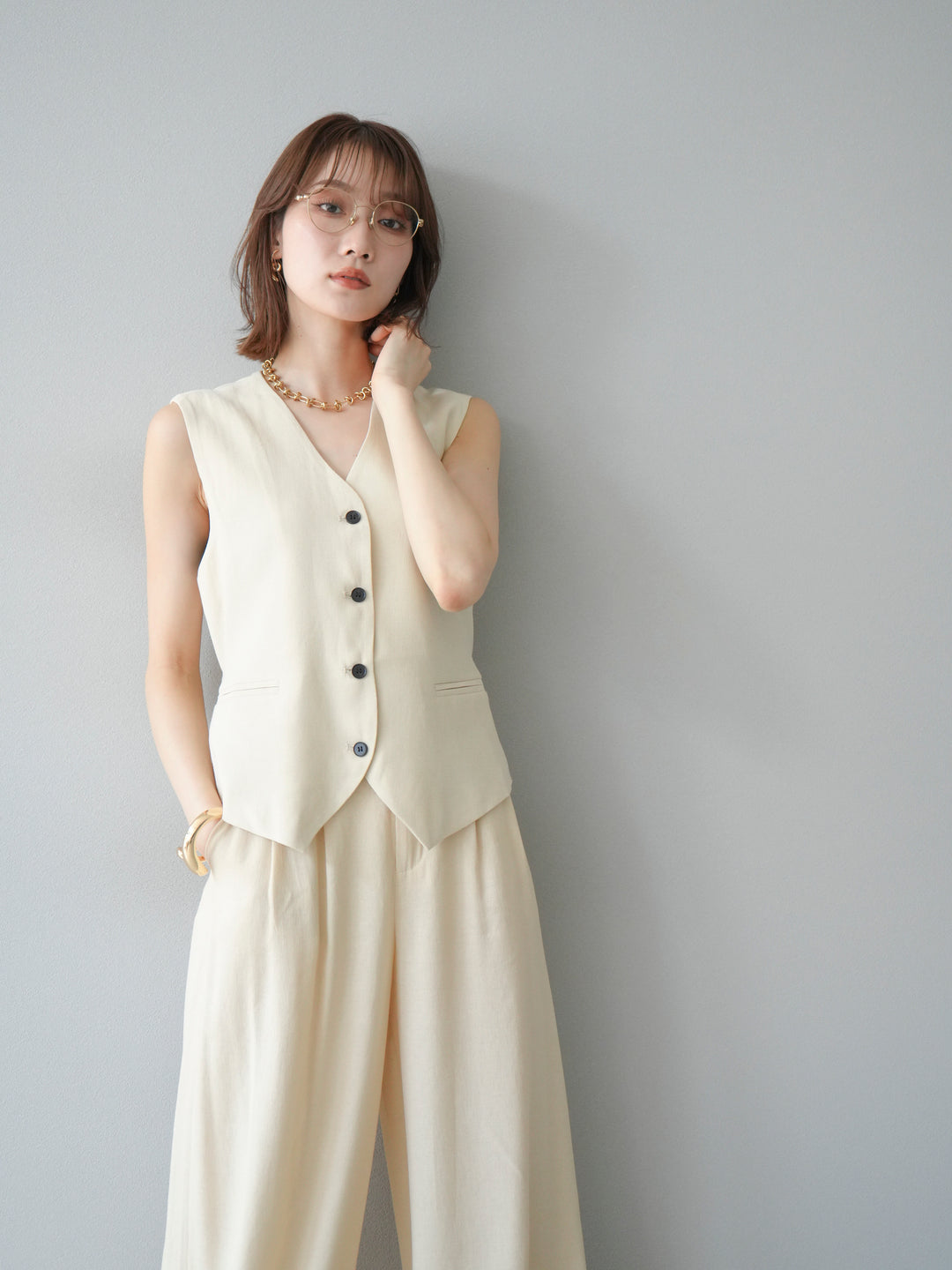 [SET]Vネックジレ＆ワイドパンツSET UP(2set)