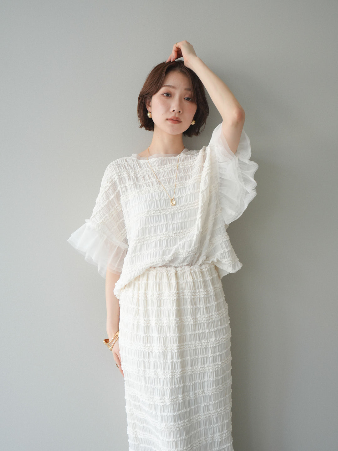 [SET]チュール袖リップルトップス+リップルIラインスカート(2set)
