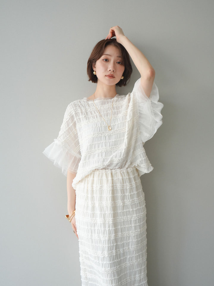 [SET]チュール袖リップルトップス+リップルIラインスカート(2set)