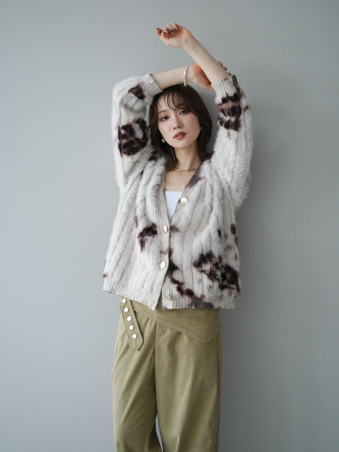 [SET]ニュアンス柄シャギーニットカーディガン+コーデュロイ巻きベルト付きパンツ(2set)