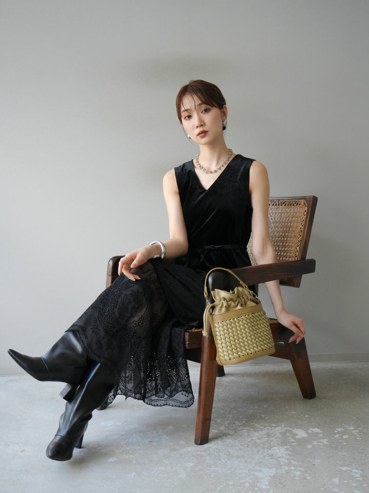 [予約]裾コットンレースベロアワンピース/ブラック