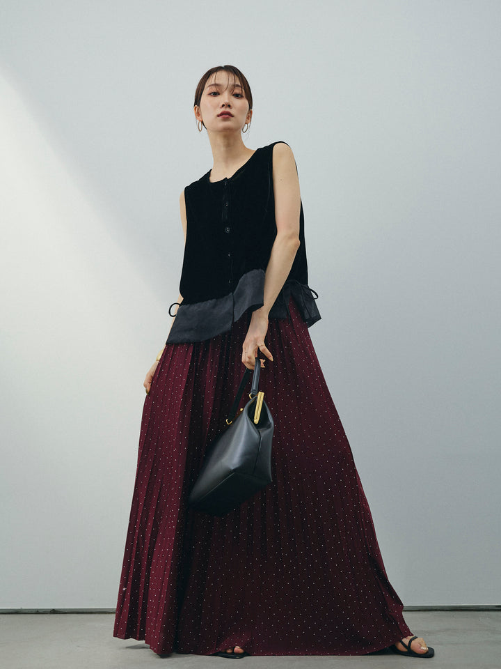 [SET]裾チュールベロアノースリーブプルオーバー+ラインストーンプリーツスカート(2set)