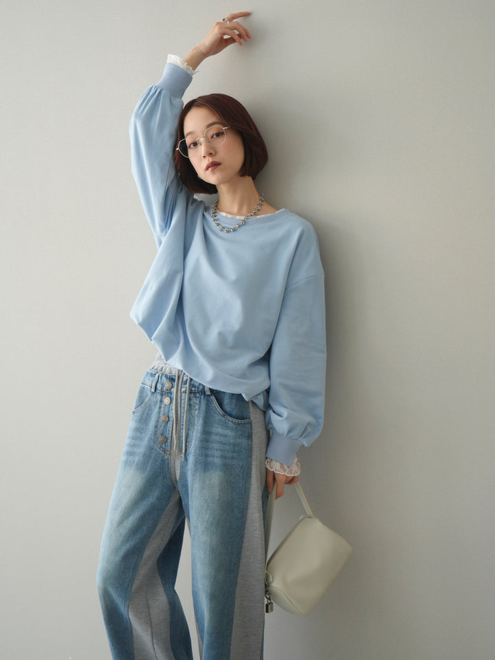 [予約]袖レースカットバルーンプルオーバー/sax