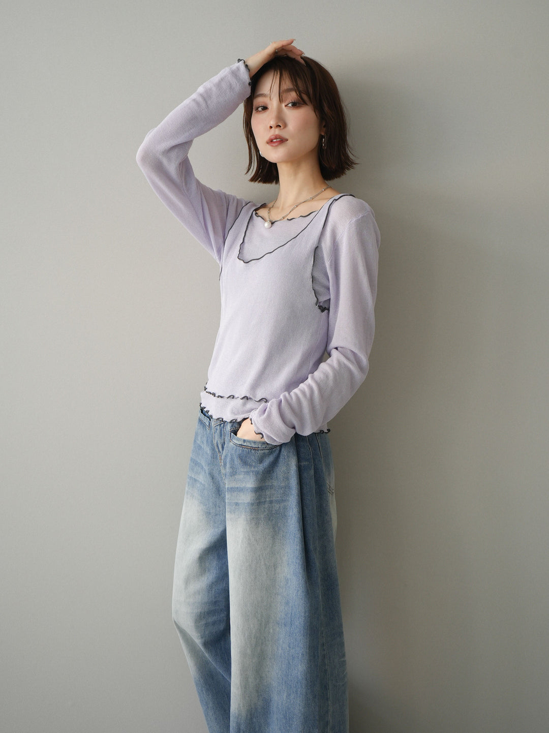 [SET]バイカラーメローアンサンブルシアーニットトップス+フロントポケットサイドタックワイドデニム(2set)