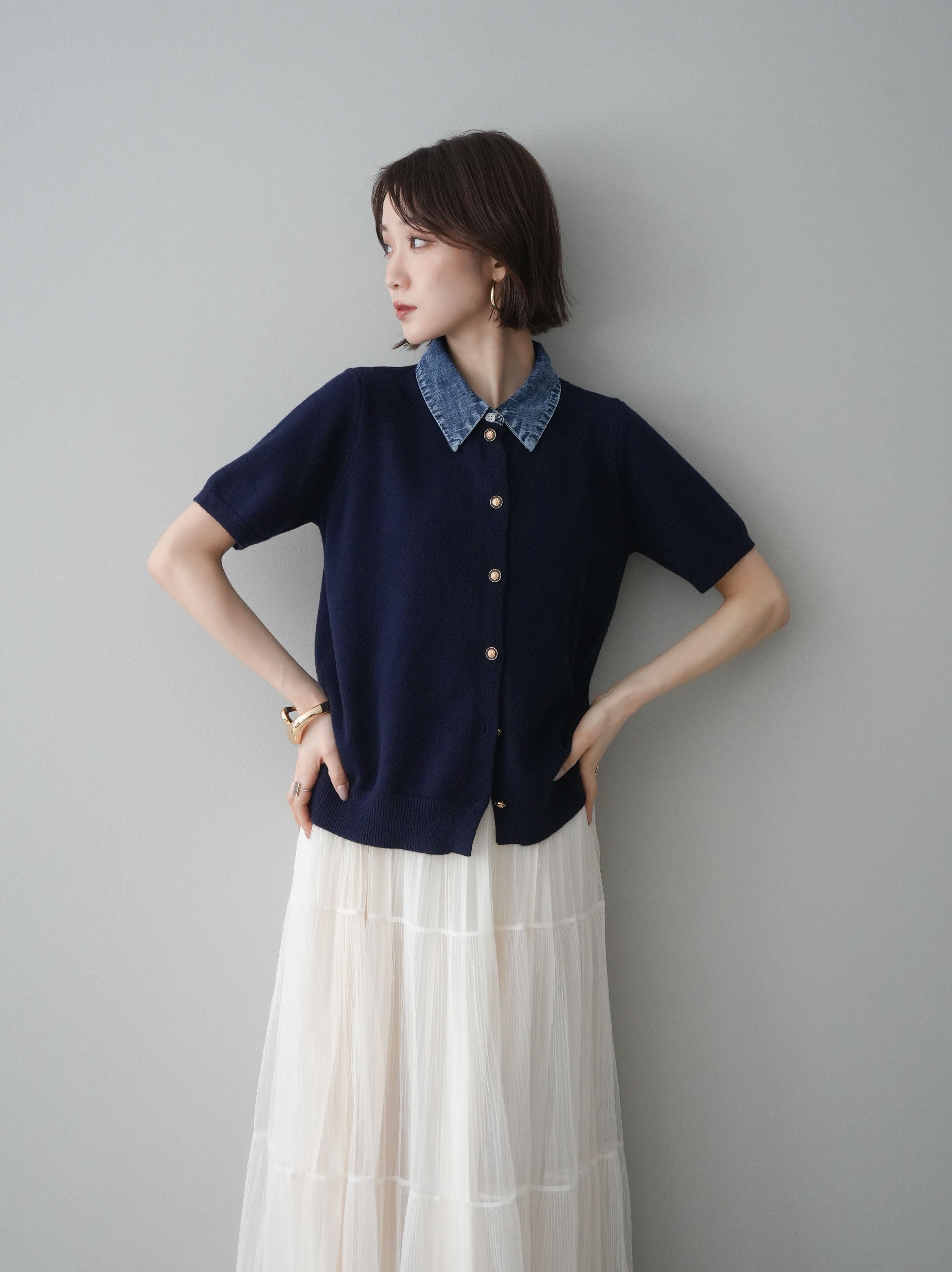 予約]デニム襟ボタンハーフスリーブニットプルオーバー/navy – Lumier