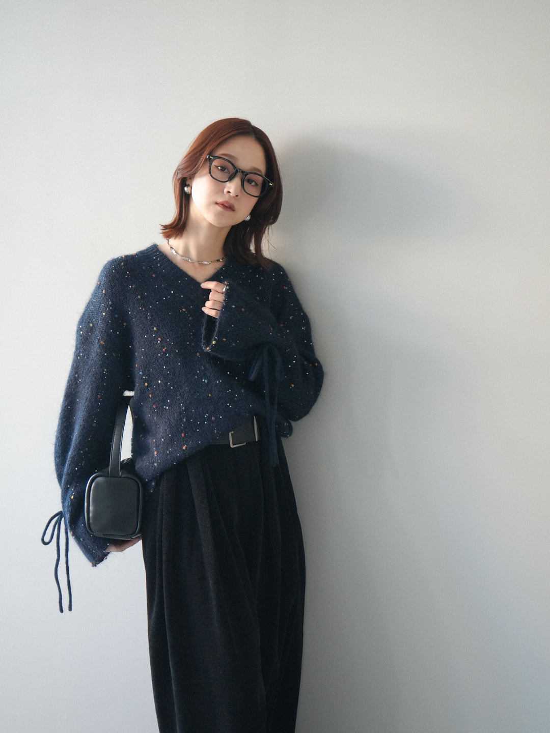 [SET]キャンディースリーブカラーネップスパンコールニットプルオーバー+ベルトデザインループコールテンワイドパンツ(ベルト付き)(2set)