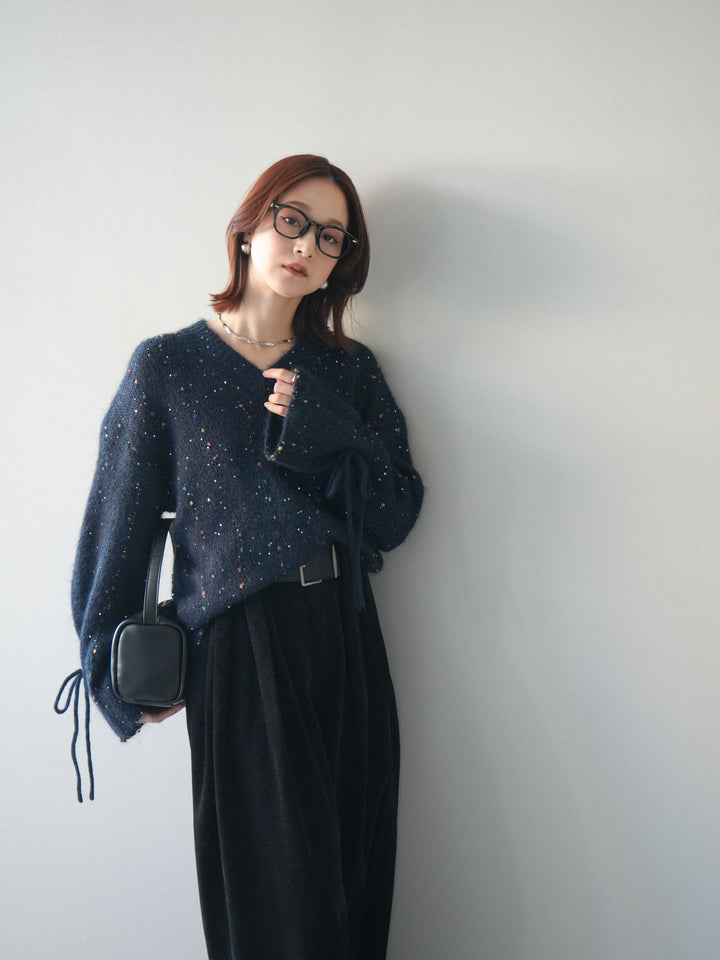 [SET]キャンディースリーブカラーネップスパンコールニットプルオーバー+ベルトデザインループコールテンワイドパンツ(ベルト付き)(2set)