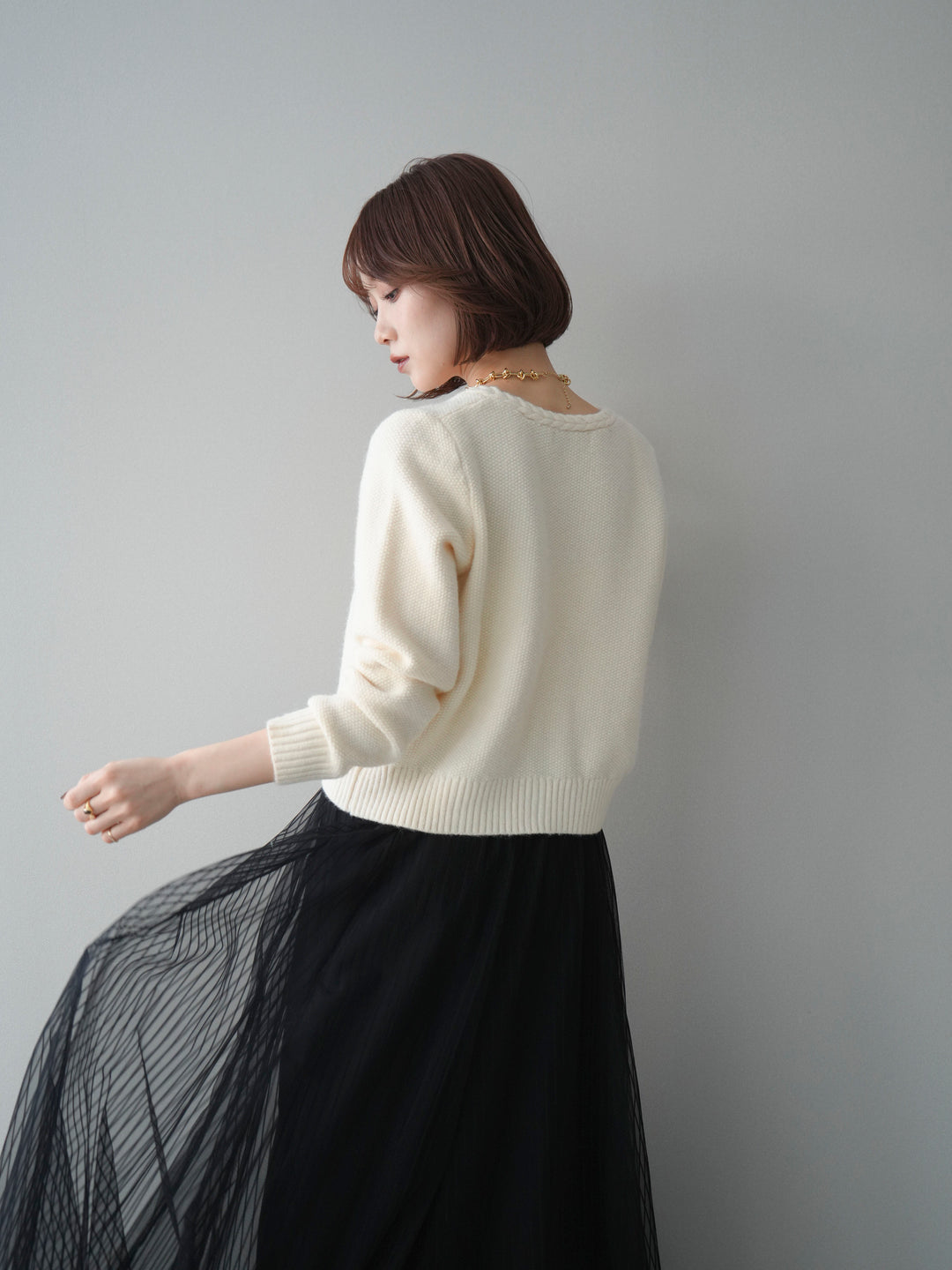 [SET]編みこみアンティークボタンニットカーディガン+チュールストライプボリュームスカート(2set)