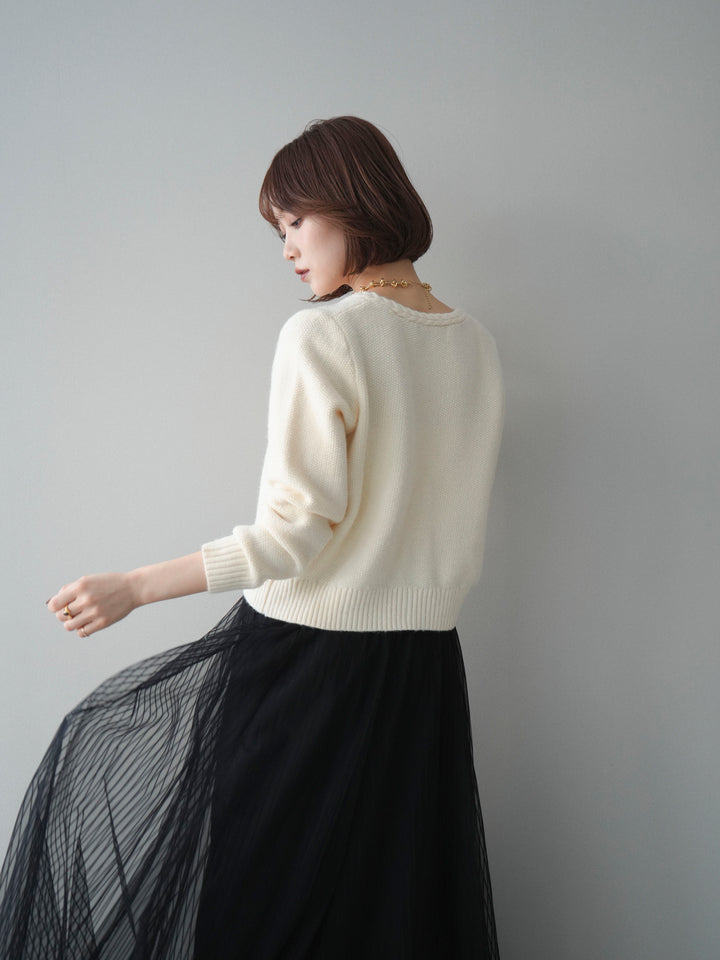 [SET]編みこみアンティークボタンニットカーディガン+チュールストライプボリュームスカート(2set)