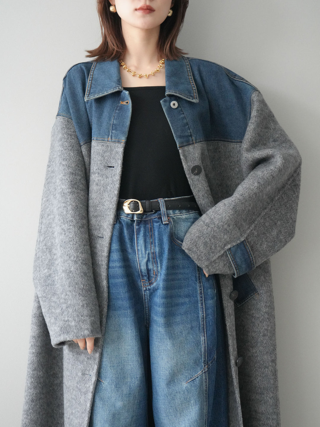 [SET]デニム切替シャギーステンカラーコート+選べるアクセセット(2set)
