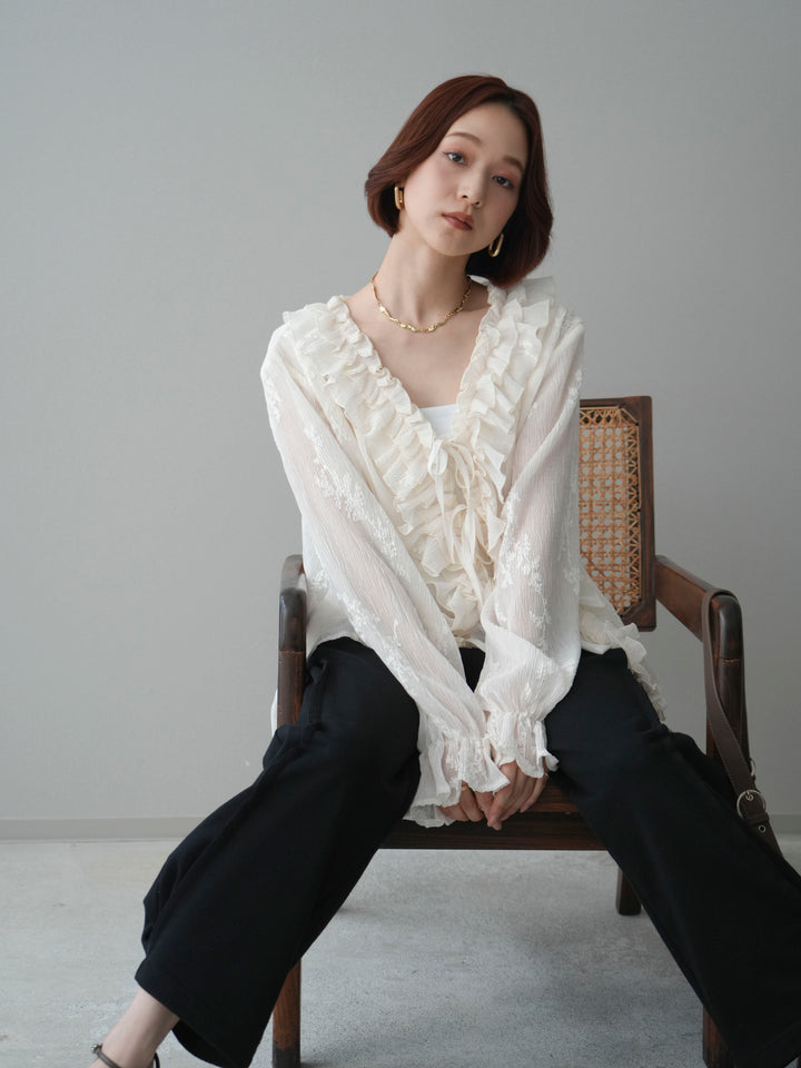 [SET]楊柳ラッフルフリルカーディガン+2WAYデザインスウェットパンツ(2set)